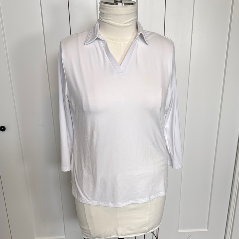 Classic White V-Neck Collared Long Sleeve Polo Top